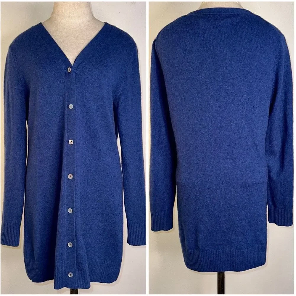 Precious Fibers Womens‎ S 100% Cashmere Navy Blue Longline Button Down Cardigan